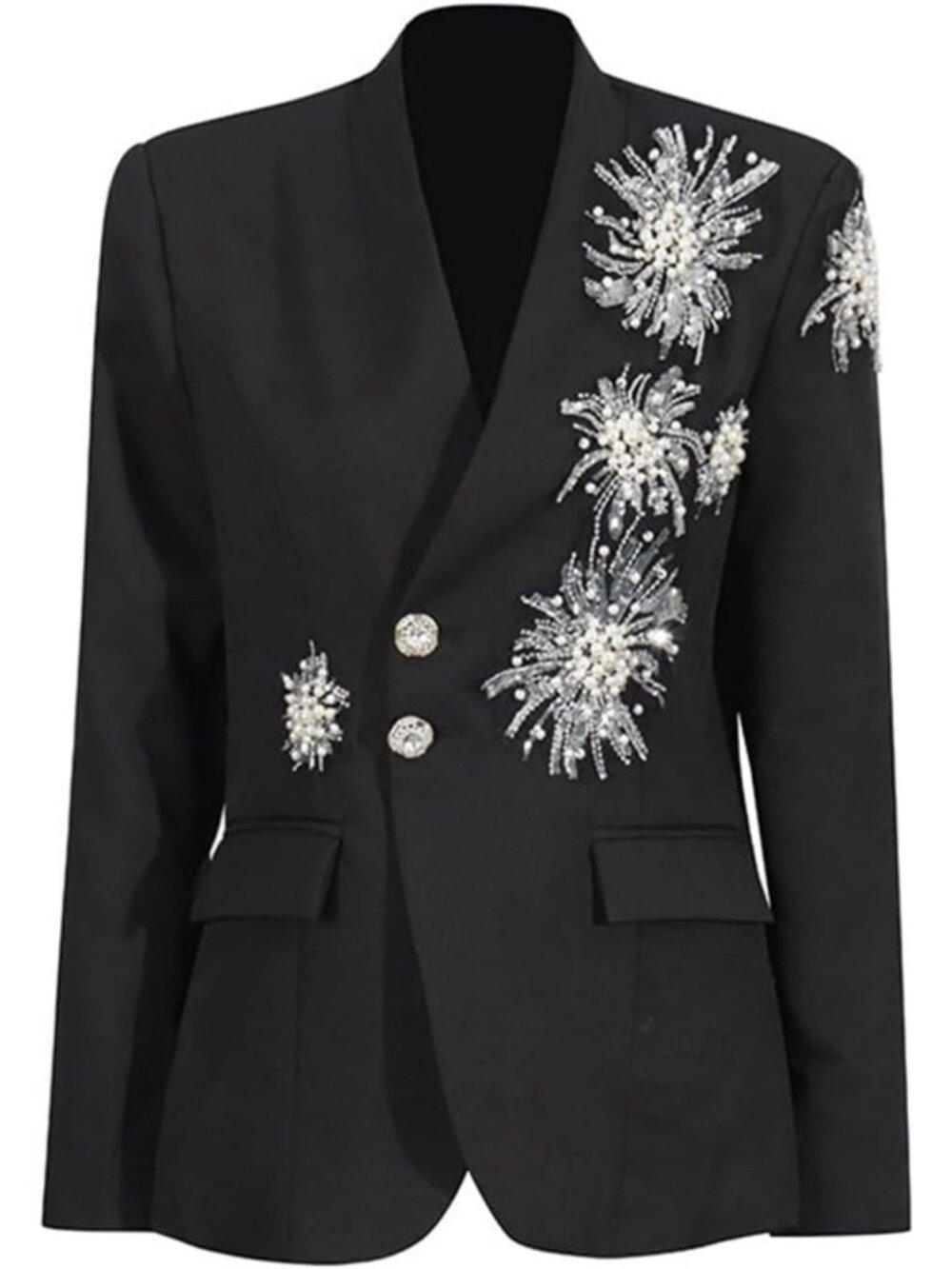Chic Studded Women's Blazer Jacket with Crystal Floral Embellishments, Long